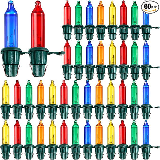 Mudder 60 Count Christmas Replacement Mini Light Bulbs with Base Christmas Tree Incandescent Wire String Lights Replacement Bulbs for Xmas Indoor Outdoor Decoration(8 Color,12vx0.08a)