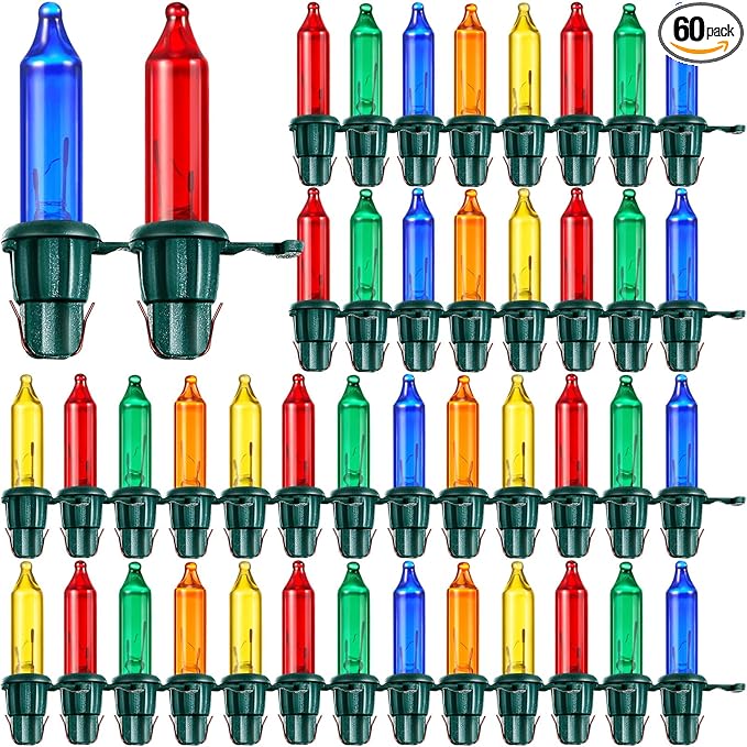Mudder 60 Count Christmas Replacement Mini Light Bulbs with Base Christmas Tree Incandescent Wire String Lights Replacement Bulbs for Xmas Indoor Outdoor Decoration(Colorful,12vx0.08a)