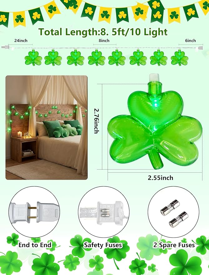 LED Shamrock String Light, 8.5Ft Clover String Light with 10 3D Green Clover Lights,Outdoor Irish Shamrock St Patrick's Day String Lights for Indoor Outdoor St. Patrick's Day Party Irish Holiday Decor