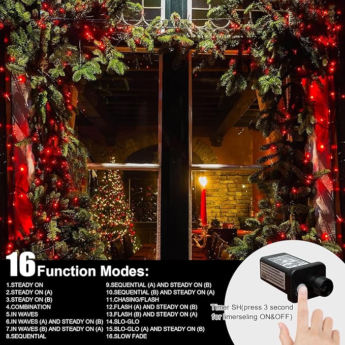 LAMPHOME 300 LED Red String Lights 99ft, 16 Modes Plug in Fairy Lights, Waterproof Clear Wire Starry Lights for Valentine's Day, Wedding, Mother's Day, Christmas Indoor Outdoor Decor