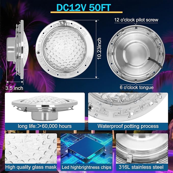 CAtArt 10 Inch Pool Lights for Inground Pool, 12V DC Color Changing LED Pool Light 300W Equivalent, 3-Way Control (Remote/Controller/APP), Fits Large 10-Inch Wet Niches, 50FT Cord
