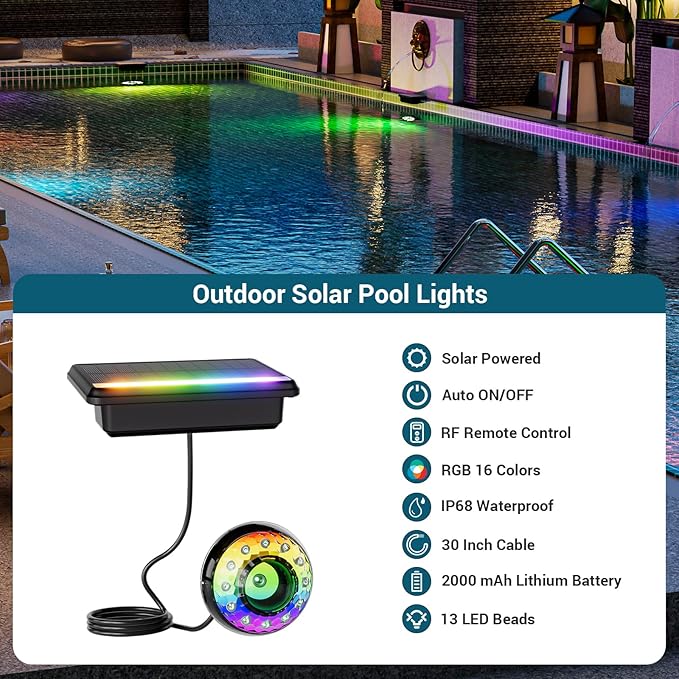 Solar Pool Lights, Submersible LED Pool Light with Remote, Underwater IP68 Waterproof, Dimmable 16 Colors Swimming Pool Lighting, 2 Pack