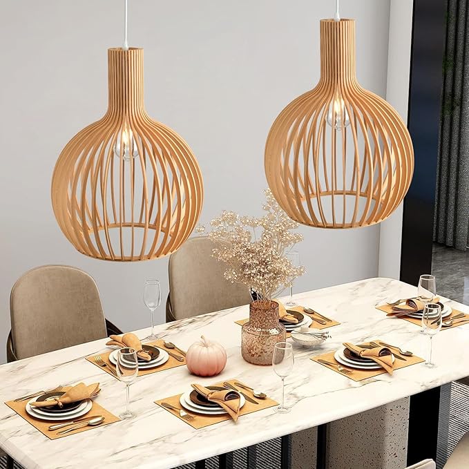 Wood Pendant Light, Natural Weaving Hanging Lamp, E26 Base Wooden Hand Made Chandelier, Boho Height Adjustable Dining Table Hanging Lamp for Bedroom Bar Café Kitchen Island Hallway Living Room