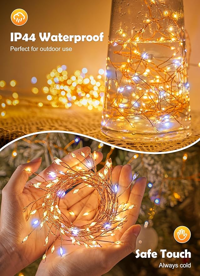 Fairy Lights Plug in, 200LED Twinkle Lights - Firecracker String Lights, Christmas Tree Lights Waterproof for Bedroom, Garden, Patio, DIY Wreath, Indoor Outdoor Decor