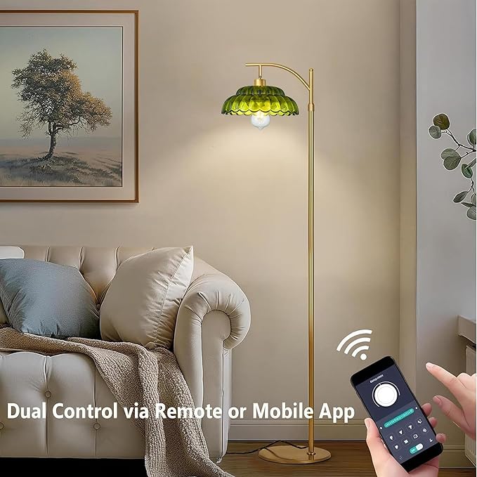 Dimmable Floor Lamp for Living Room, Mid Century Modern Standing Lamp with Green Lamp Shade, Vintage Tall Floor Lamps with Remote, Glass Corner Lamp for Bedroom Office, 12W Bulb Included