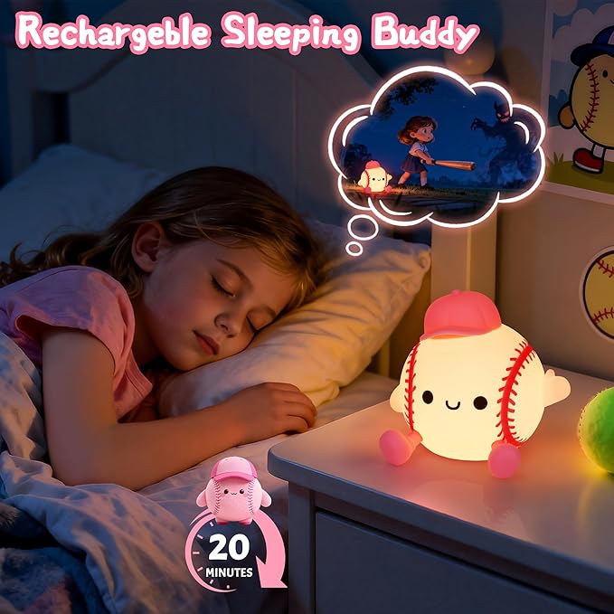Softball Night Light, Cute Softball Gifts for Girls, Dimmable Rechargeable Silicone Touch Bedside Lamp for Girls Daughter Room Dorm Softball Fan Sporty Decor