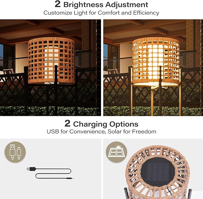 LAUSAINT HOME Solar Powered Outdoor Floor Lamp with Auto On/Off LED Light, Waterproof Wicker Patio Floor Lights, Boho Rattan Floor Lantern (1 Floor Lamp)
