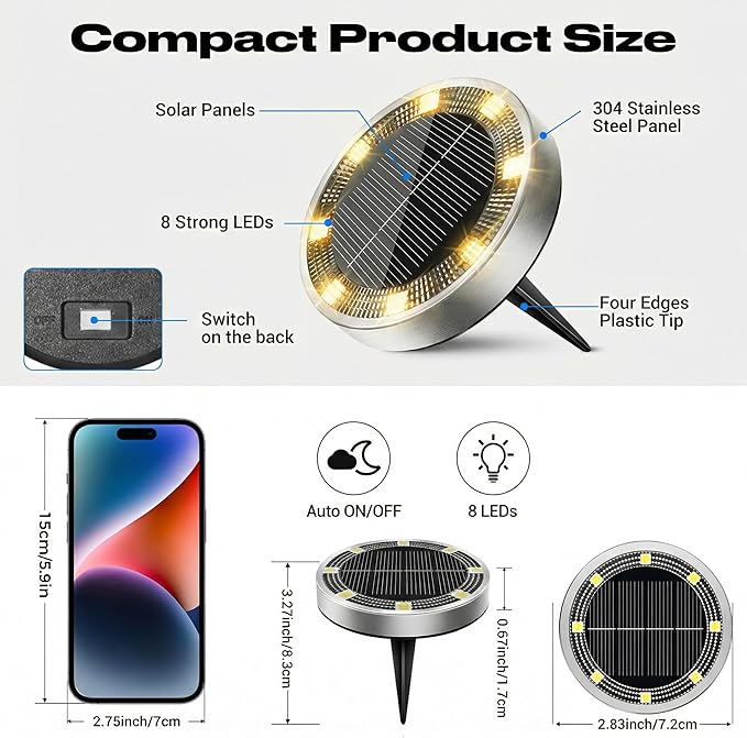 Peasur Solar Ground Lights Outdoor, 18 Pack Flat Solar Powered Disc Lights, IP68 Waterproof, Anti-Rust, Landscape Lighting for Pathway Garden Yard Lawn Walkway Landscape Driveway, Mini, Warm White