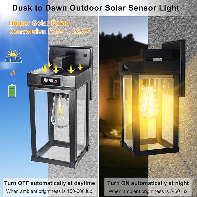 2 Pack Solar Wall Lights Outdoor Waterproof with 3 Lighting Modes & Motion Sensor, Dusk to Dawn Exterior Porch Light fixtures, Solar Wall Lantern Fixture for Garage Porch Yard Front Door