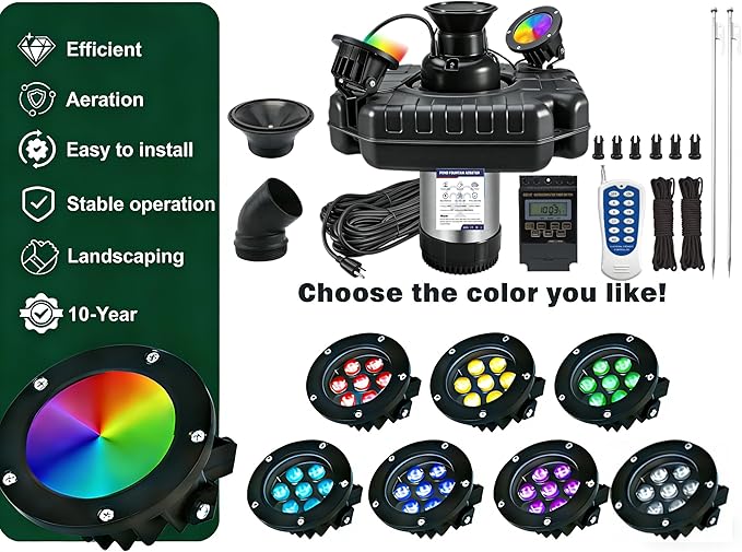 Pond Fountain Aerator 750W 1HP 110V -Pond Fountain -RGB LEDA Color-Changing Light Show - 15000 GPH Floating Aerator Pump- With100ft Power Cord -for Ponds and Lakes 2026 Latest Model