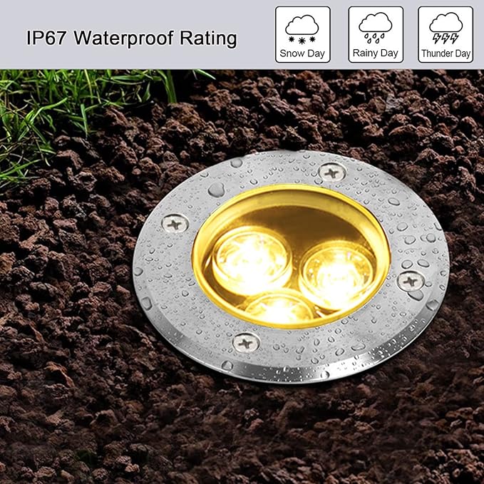 Low Voltage LED In-ground Lights Well Light Landscape Light with Connectors 3W 12V 24V Waterproof IP67 Pathway Lights Outdoor spotlights Trees Flags for Garden,Yard,Tree (Warm White, 3W-1)