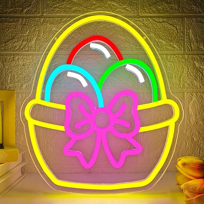 Easter Neon Sign Egg Basket LED Sign for Wall Decor USB Eggs Light Sign for Bar Kitchen Bedroom Easter Decorations Neon Wall Art Light Up Basket Sign for Wall Table Window Festive Decoration Gifts for Family Friends
