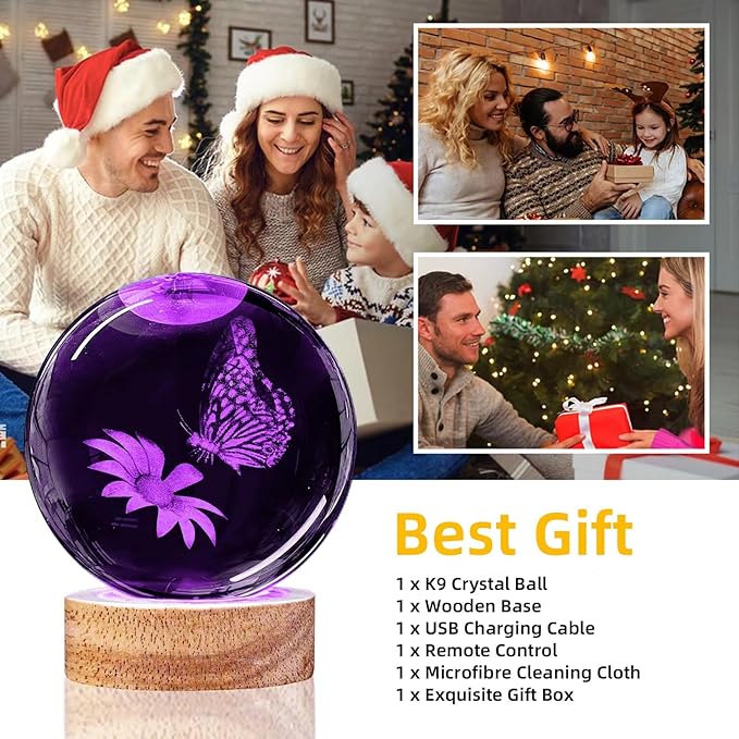 3D Butterfly Crystal Ball Night Light with 16 Colors and 4 Modes, Upgraded K9 Crystal, 3.15 Inch Butterfly and Flower Figurines, Remote Control, Gift Box