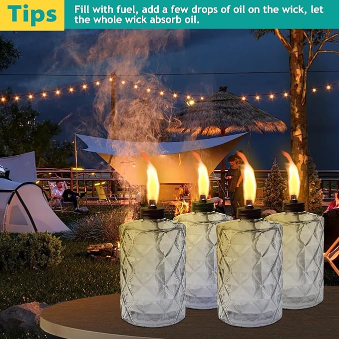 4 Pack Gray Glass Garden Torch ,60-Inch Outdoor Torch Garden Décor, Upgraded 12 oz Citronella Torches with 3-Prong Grounded Stake,Metal Light Torches for Party Patio Pathway