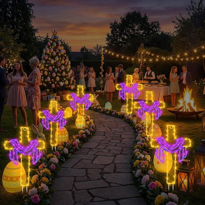 Retisee 3 Pack Easter Cross Solar Garden Lights Outdoor-12 Inch LED Lighted Cross Yard Stakes, Waterproof Solar Lamps,Religious Pathway Lawn Decorations for Easter Church Memorial Garden