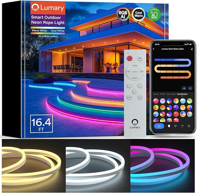 Lumary Smart Neon Rope Light for Outside, RGBAICW Flexible Color Changing Rope Light Waterproof IP65 for Pathway, DIY Scene Mode, RGB&Warm White&Cool White Work with Alexa Google Assistant, 16.4Ft