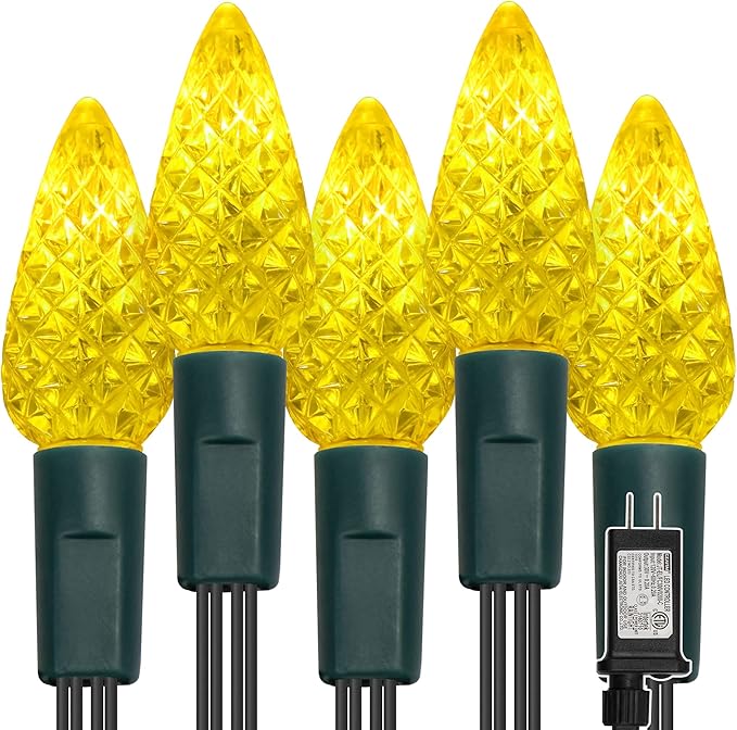 WATERGLIDE C6 Christmas Lights, 33ft 100 LED Faceted String Lights Green Wire Fairy Lights with 29V Safe Adaptor, 8 Lighting Mode, Waterproof for Indoor Outdoor Patio Xmas Tree Party Decor, Yellow