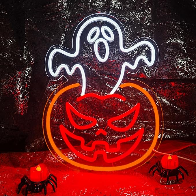 Halloween Pumpkin Neon Sign Decor Indoor, Ghost Halloween Window Lights Decorations LED Neon Sings for Wall Decor (Ghost Pumpkin)