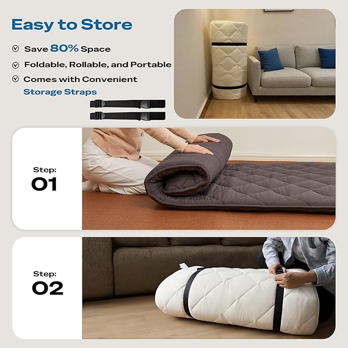 Aircliff Japanese Floor Mattress, Roll Up Tatami Mat, Sleeping Pad, Shikibuton, CertiPUR-US Certified Foam Floor Bed Futon Mattress for Dormitory, Guest Bed, Designed in Japan(Light Grey, Twin)