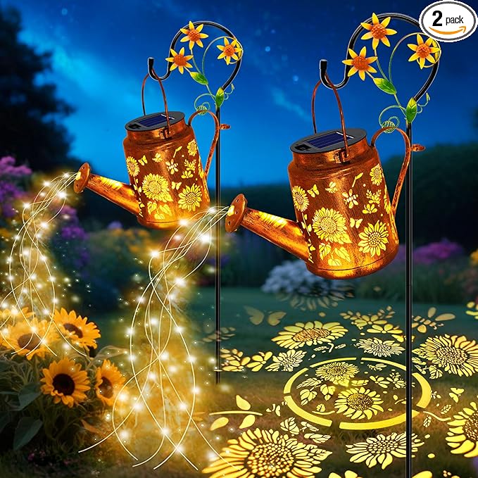 VOOKRY 2 Pack Sunflower Metal Solar Watering Can Lights, Solar Lights Outdoor Waterproof, Birthday Gifts for Women Mom Grandma, Hanging Lanterns Decorative Garden Decor for Outside Yard Patio Lawn
