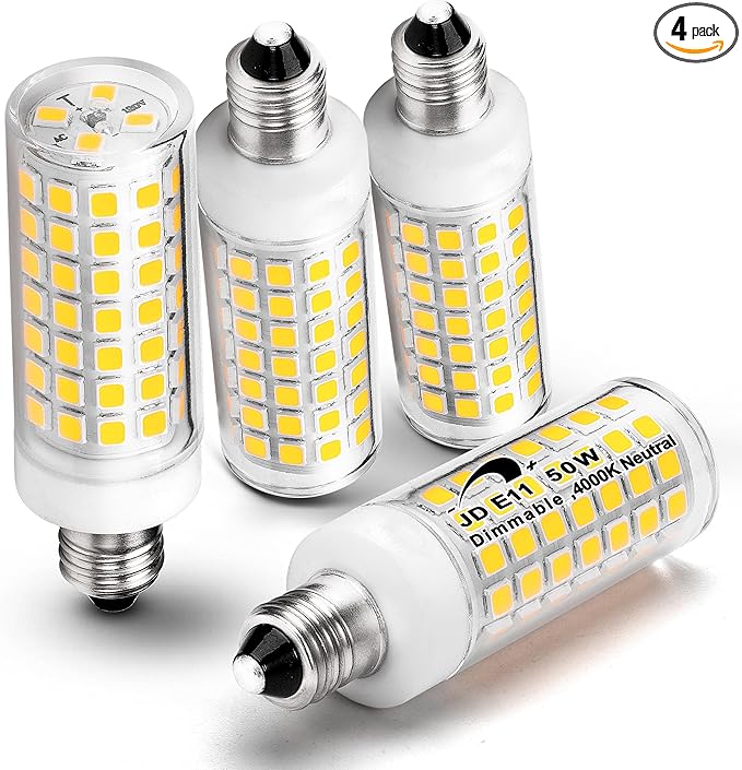 E11 Led Bulbs Dimmable 120V 50W Halogen Equivalent, T3 T4 Mini Candelabra Base JDE11 Led Bulb, 4000K Natural White 5W 500lm E11 Bulb for Chandeliers,Ceiling Fan, Table Lamps, Cabinet Lighting,4Pack