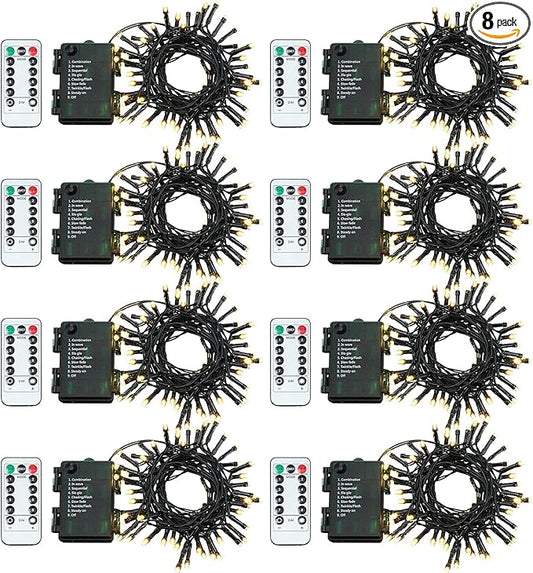 Tuanse 8 Pack Battery Operated Outdoor Christmas Tree String Lights,16.4 ft Mini Light Outdoor Christmas Lights with 50 Led of Dark Green Cable Lighting for Bedroom Garden Yard (Warm Light)