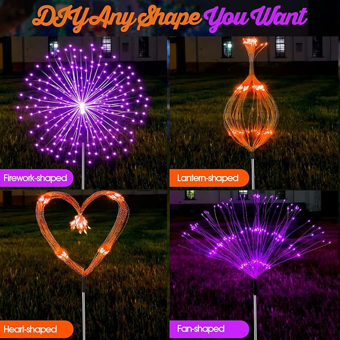 6 Pcs Easter Solar Firework Stake Lights 180 LED 8 Modes Solar Waterproof LED Sparkler Lights Outdoor Decoration for Christmas Holiday Garden Patio Yard Pathway Walkway, Orange, Purple