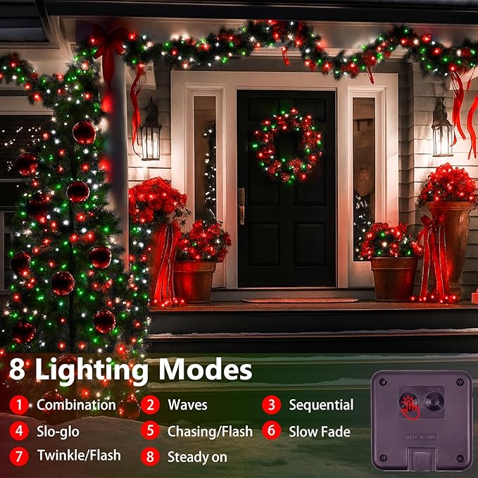 Extra-Long 144FT Solar String Lights for Outside, 2 Pack 400LED Solar Christmas Lights Outdoor, Waterproof Copper Wire with 8 Modes Twinkle Fairy Lights for Tree Party Xmas Decor (Red White and Green)