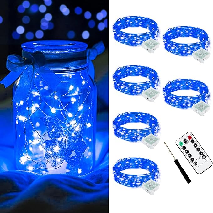AIKEI 6 Pack LED Fairy Lights with Timer Battery Operated, Mini String Lights with Remote Waterproof 7ft 20 Led Firefly Starry Lighting for Wedding Party Bedroom Garden Christmas Decoration Blue