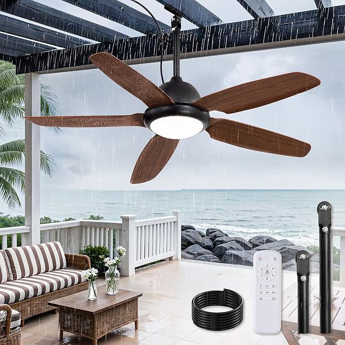 52 Inch Wet Rated Outdoor Ceiling Fan with Lights and Remote,IP65 Hanging Gazebo Fan with 3CCT 6-Speed DC Motor,Brown Waterproof Plug in Ceiling Fan with Cord for Patios Porch Pergola Pavilion
