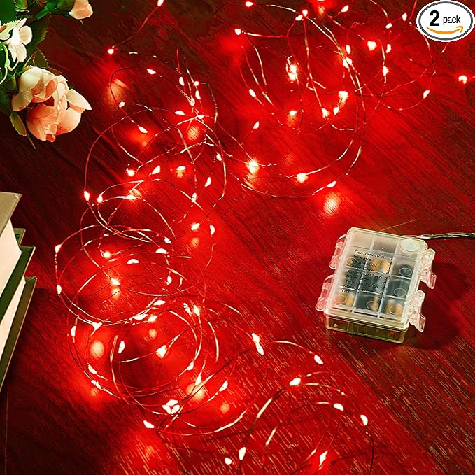 2 Pack 16.4 Ft. Battery Operated Outdoor String Lights with Remote & Timer, LED Red Fairy Lights, Waterproof Twinkle Lights for Bedroom, Dorm, Mason Jar, Wedding, Party, Christmas