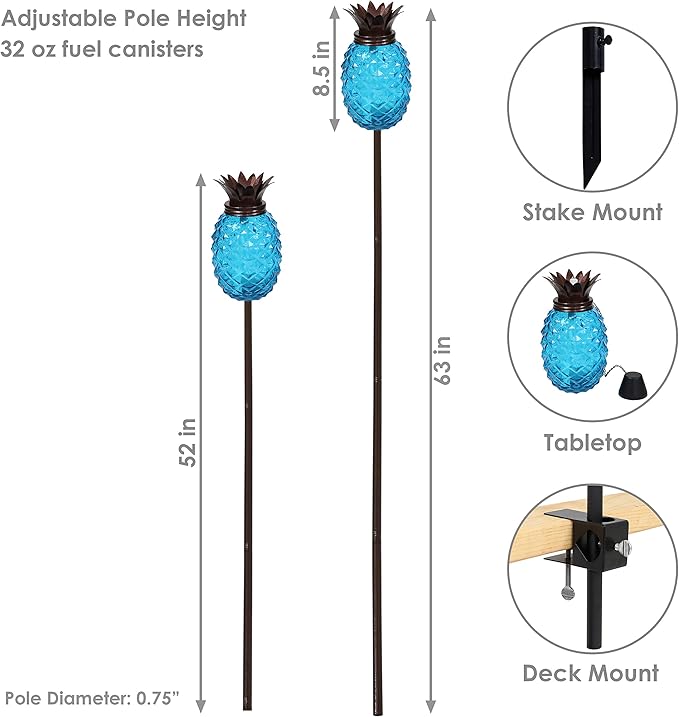 Sunnydaze Tropical Pineapple Glass Patio Torches Set of 2 - 23 to 63-Inch Outdoor Lawn Torch, Garden, Deck & Backyard - Blue