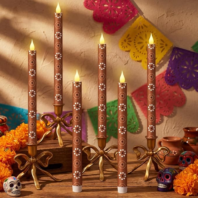 Honoson 6 Pcs Mexican Flameless Taper Candles 10.6 Inch Platos De Barro Mexicanos Candles Battery Operated LED Candlesticks for Mexican Home Decor Talavera Cielito Lindo Cinco De Mayo Party Gifts
