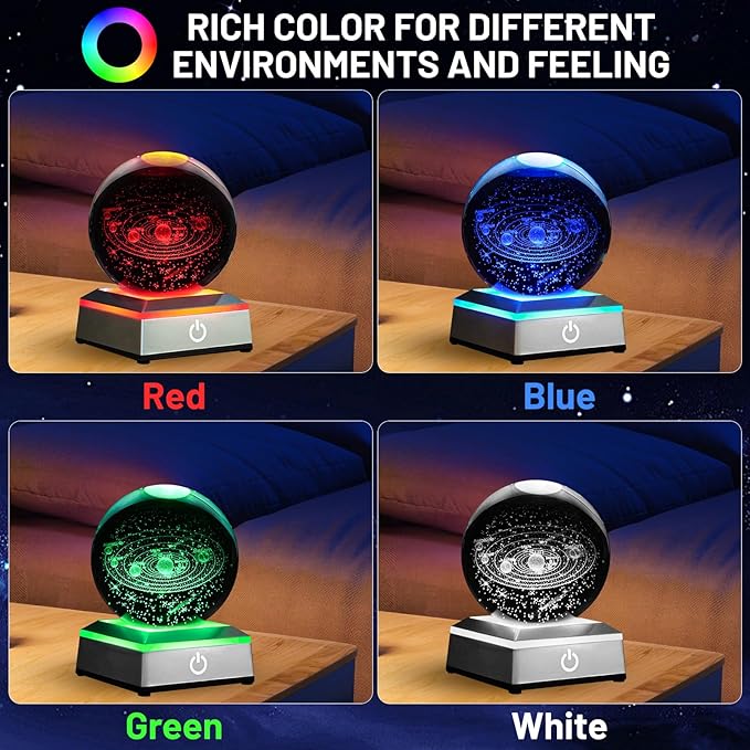 3D Solar System Crystal Ball Night Light with LED Colorful Lighting Touch Base 3.15 in Galaxy Planets Glass Ball Lamp Paperweight Astronomy Gift Decor for Boys Girls Kids Birthday Christmas