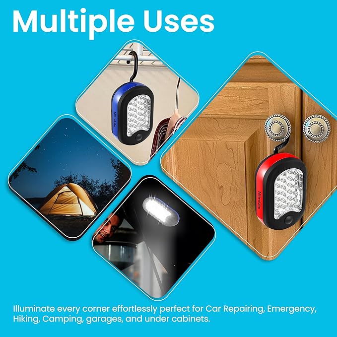 AlltroLite 3-Pack LED Work Light | Portable Magnetic Work Light with Rotatable Hook, Magnetic Back & Push Button | Battery Operated Pocket Work Lights for Car Repairing, Emergency, Hiking, Camping