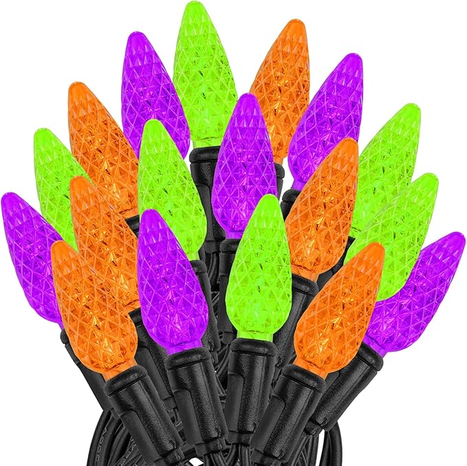 ‎‎‎Novelty Lights 24FT 70 LED C6 LED Halloween String Lights, Outdoor Christmas Tree Commercial Grade LED String Lights, Christmas Lights Outdoor Tree Decorations Outdoor (Purple/Orange/Lime)