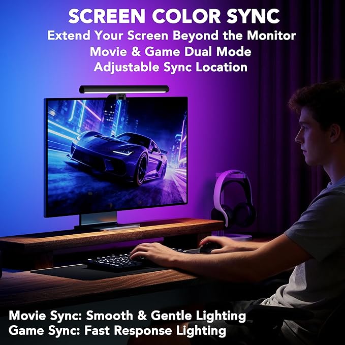 Smart Monitor Light Bar with RGB Backlight, Software-Controlled Screen & Music Sync, LED Monitor Lights for Gaming & Work with 16 Million Colors and 18 Modes – 16"