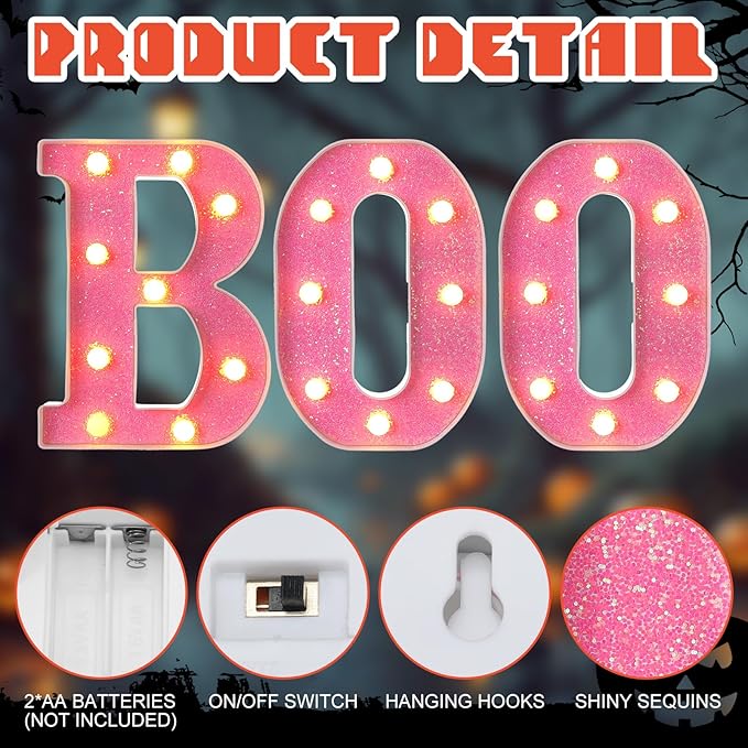 Baquler 3 Pcs Halloween Boo Decorations Light up Boo Sign Marquee LED Letters Lights Decor for Halloween Outdoor Home Room Kitchen Fireplace Tabletop Party Supplies (Pink)