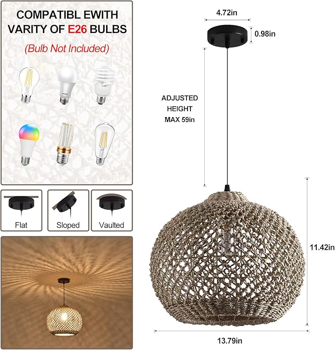 Pendant Light Rattan Fixture,Farmhouse 13.79” Wicker Hand-Woven Suspension Bohemian Chandelier for Kitchen Island Bedroom Living Room Entry Hallway