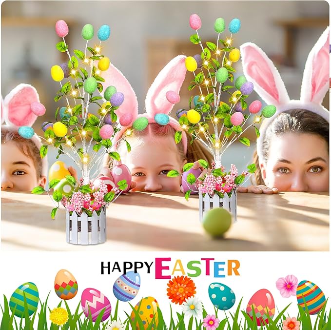 24 Inch Tall Lighted Easter Egg Tree Tabletop Decoration with LED Light Indoor Glow Easter Egg Tree Table Decor for Home Party Wedding Holiday Spring Party Decoration