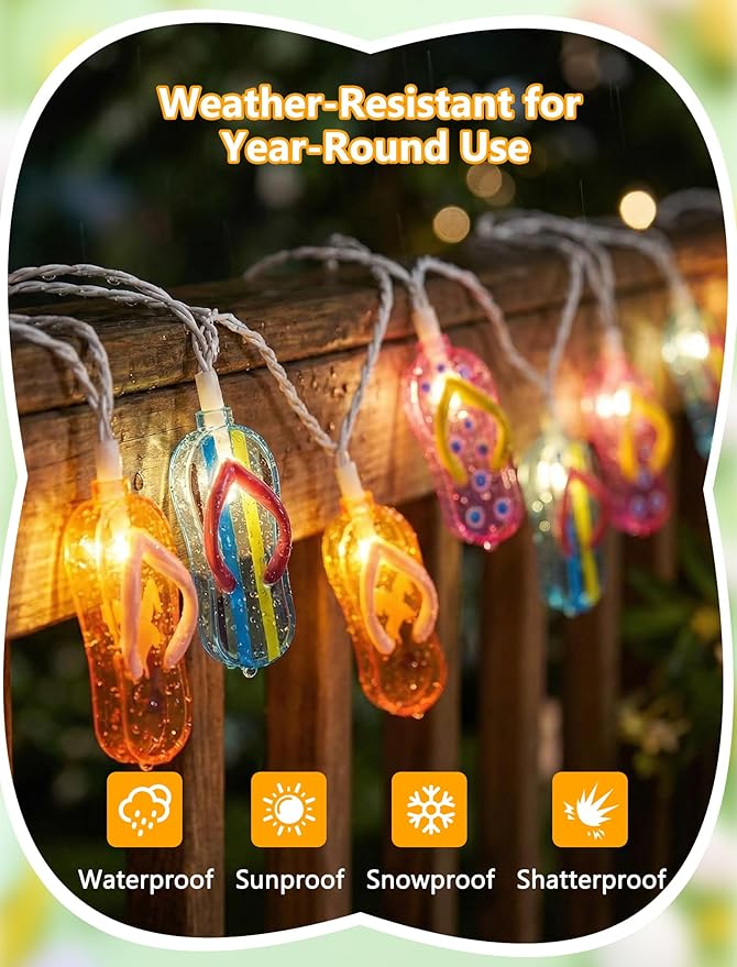 8.5Ft Tricolor Slipper String Lights, Summer Tropical Beach Party Decorations Lights with 10 LED Colorful Flip Flop Bulbs, Hanging Slipper Lights Waterproof for Home Camp Tent Holiday Party Decor