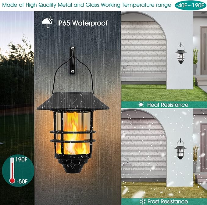 Solar Hanging Lantern Outdoor, Flickering Flames Outdoor Lights,Solar Lights Waterproof for Wall Fence Patio Porch Yard,2 Pack