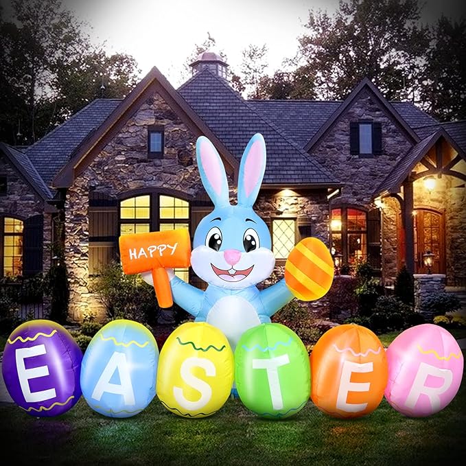 Domkom 6FT Easter Inflatable Bunny Outdoor Decorations with Eggs, Build-in LED Lights Holiday Blow Up Yard Decoration, for Easter Holiday Party, Outdoor,Garden, Yard Lawn Décor