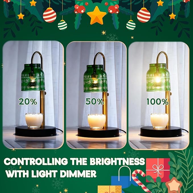 Christmas Candle Warmer Lamp, with 2 Bulbs,Timer & Dimmer,Compatible with Large Yankee Candle Jars,3 Wick Candles,Height Adjustable Electric Top Candle Melter,Green,110-120v,Mother's Day Gifts