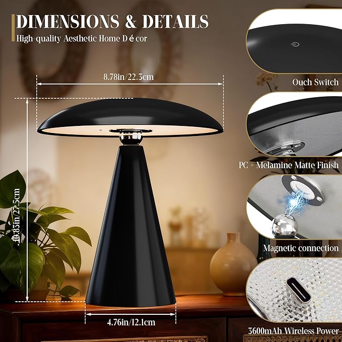 Mushroom Aesthetic Cute Lamp,Magnetic Mid Century Modern Lamp with 3-Mode Lighting for Unique Home Mushroom Decor,Cordless USB Rechargeable Lamps for Bedside/Dorm/Office/Entryway Decor(Black)