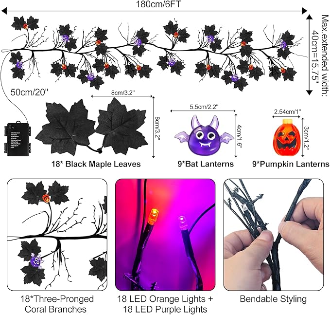 Halloween Garland with Lights, 6FT 54 LED Pumpkin Bat Willow Vine Twig Light Orange Purple Indoor Halloween Lights Decorations, 8 Modes Mansion Fireplace Wall Halloweens Light Up Garland for Mantle