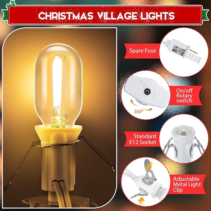Meonum Accessory Cord with 3 LED Bulbs, 8.2 Ft Christmas Village Light with 2 Fuses, End to End Connected Blow Mold for Christmas Village Craft, Holiday Ceramic Trees