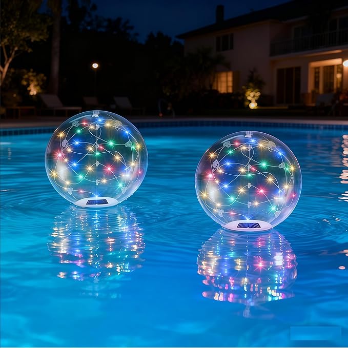 Floating Pool Lights Solar Powered - 14" Inflatable Waterproof Floating Pool Balls Light That Float for Party, Outdoor Pond/Patio Decorations (RGB, 2 Pack)