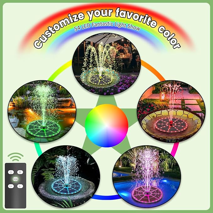 Yzert Remote Solar Fountain Adjust Spray Height with Fantastic Colorful Lights, 2026 6W Solar Bird Bath with 4000 mAh Battery, Solar Water Fountain Pump for Outdoor, Garden Decor, Pond, Pool (54LEDs)