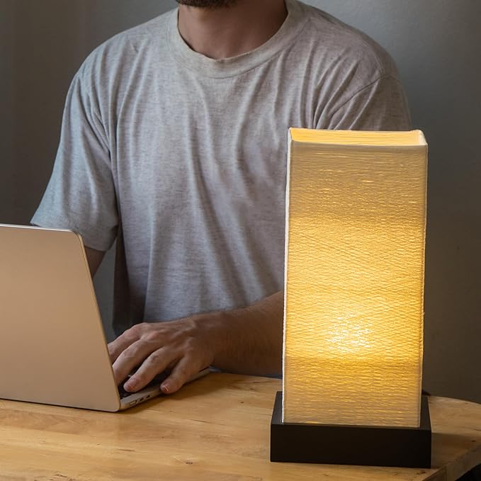 Dimmable Japanese Lamp Table Lantern • Small Warm Woven Glow Light • Nightstand Bedside Akari • Noguchi Style | UL Wire | Instructions + Lightbulb Included | (Ivory)